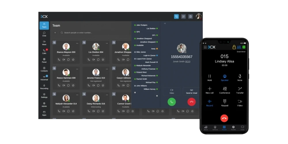 3CX dashboard showing business contacts and a phone showing dialling a business phone call