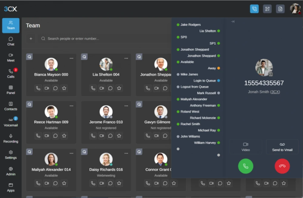 The updated 3CX web client, showing easy to call buttons and team members