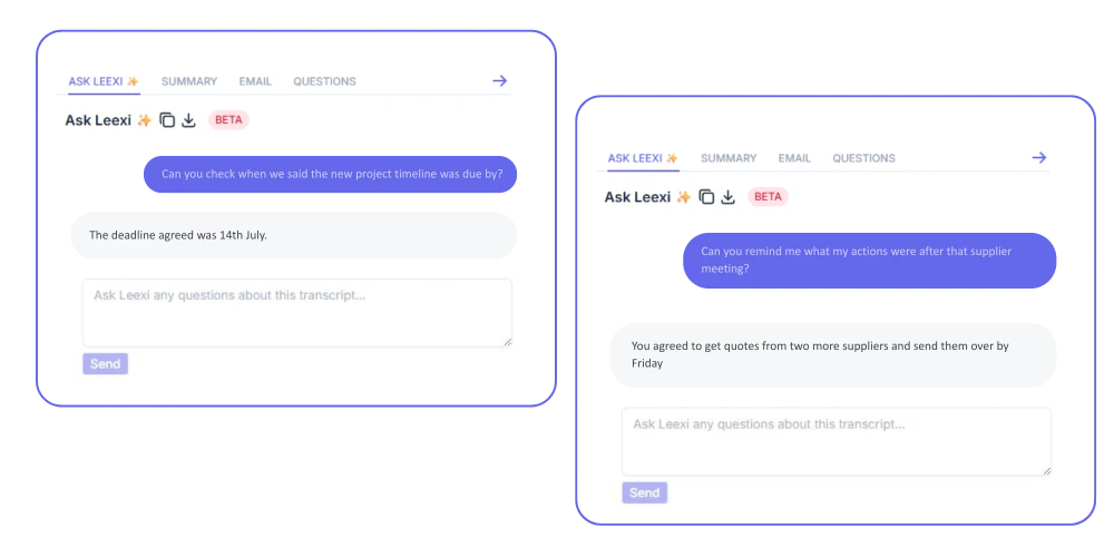 Screenshots of asking a question to Leexi